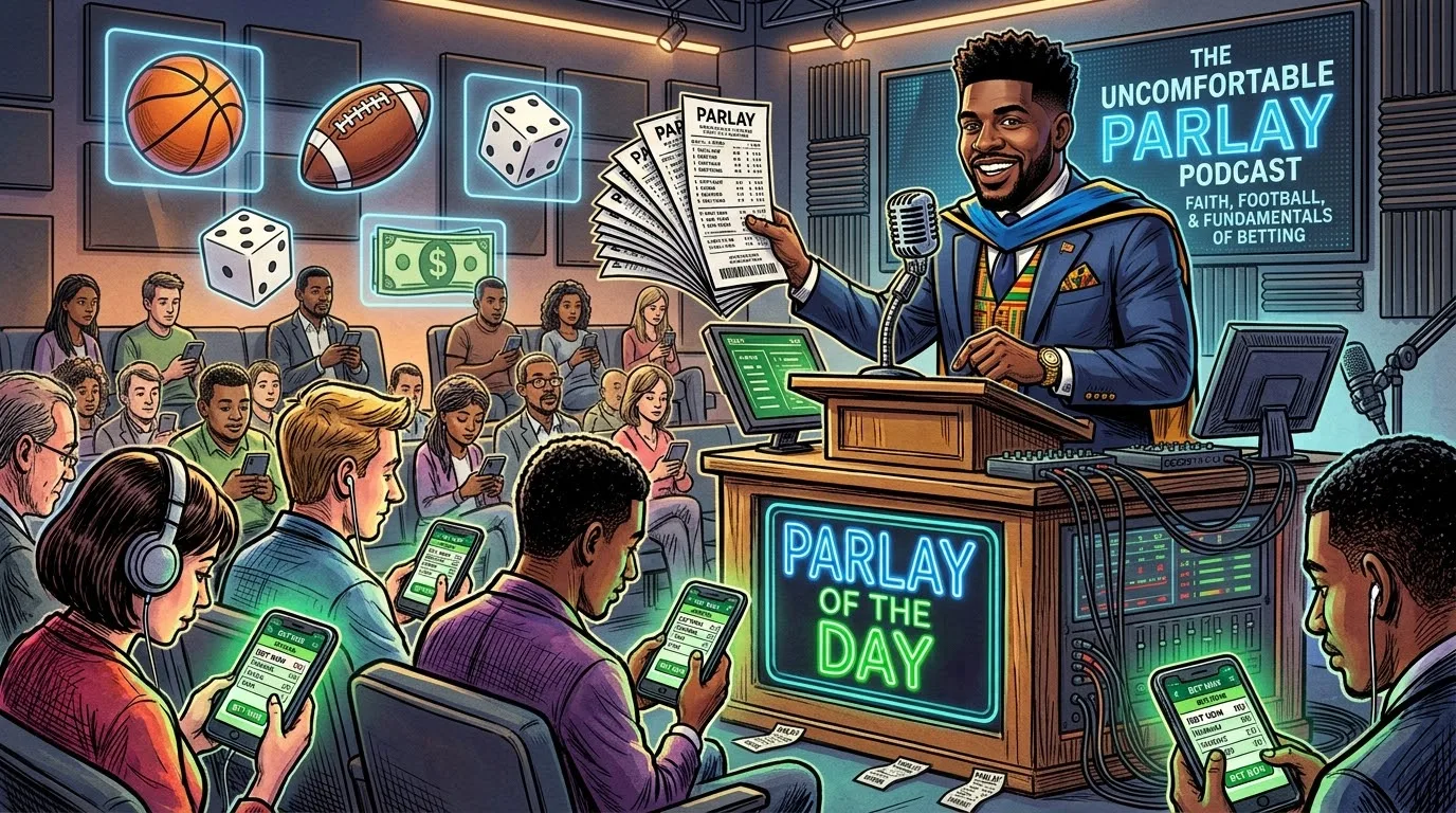 Cartoon of a smiling host in a suit and kente stole at a podcast pulpit, holding up parlay slips under a screen reading The Uncomfortable Parlay Podcast while the audience stares at betting apps