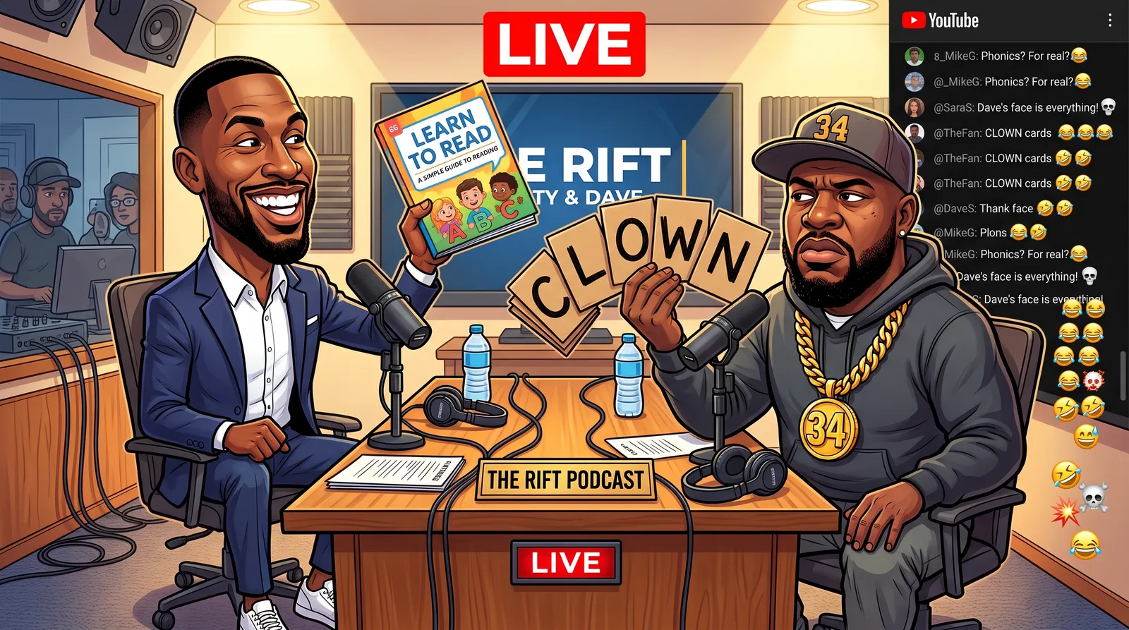 Cartoon of Emmanuel Acho grinning behind a podcast desk holding up a Learn to Read workbook while Leonard Fournette holds up cards spelling CLOWN