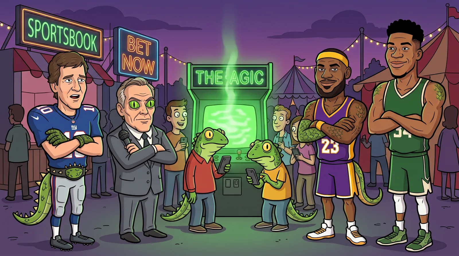 Cartoon of Eli Manning, Colin Cowherd, LeBron James, and Giannis Antetokounmpo standing around a glowing arcade machine labeled The AGIC at a carnival while fans staring at their phones turn into lizards